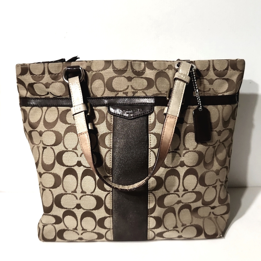 Coach Signature C Stripe Brown Khaki Canvas Shoulder Bag Tote - Picture 2 of 16